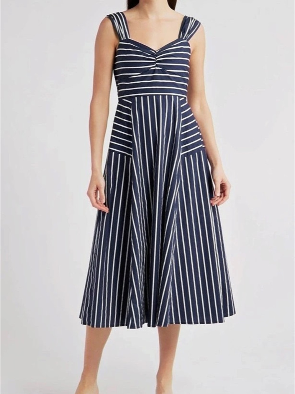 Zoe and Claire Gathered Strap Dress navy and white Striped Cotton Midi Dress Siz